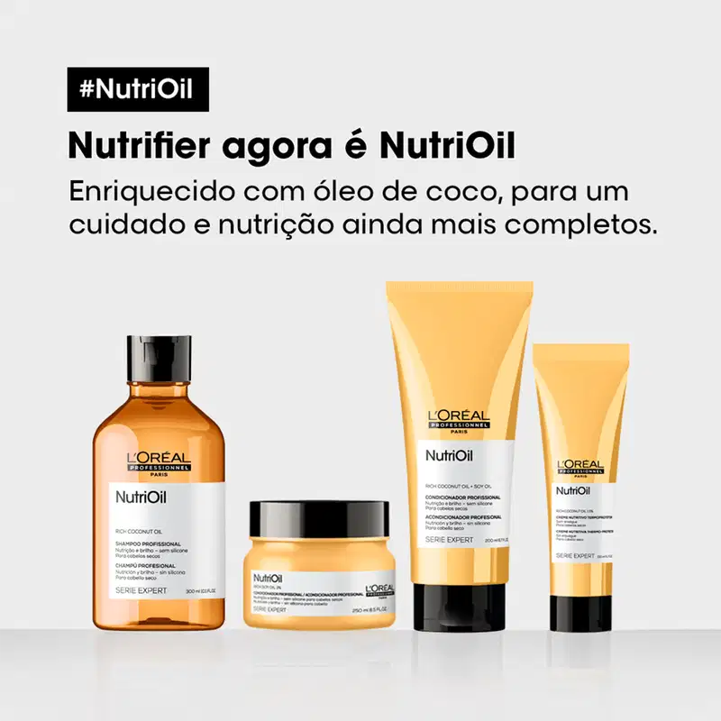 A linha de produtos L'Oréal Professionnel NutriOil, composta por shampoo, condicionador e tratamento em embalagens de plástico e vidro com predominância de cores amarela e preta, enriquecidos com óleo de coco para cuidado e nutrição completos dos cabelos.