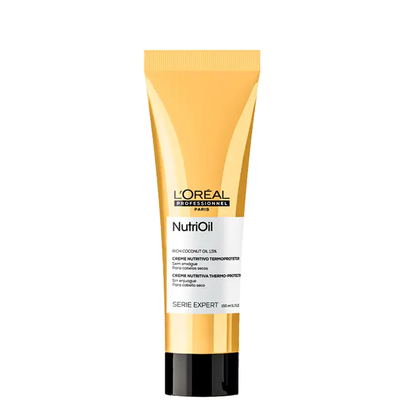 Tubo amarelo da linha Nutrioil da L'Oréal Professionnel Paris, contendo creme nutritivo termo-protetor para cabelos secos.