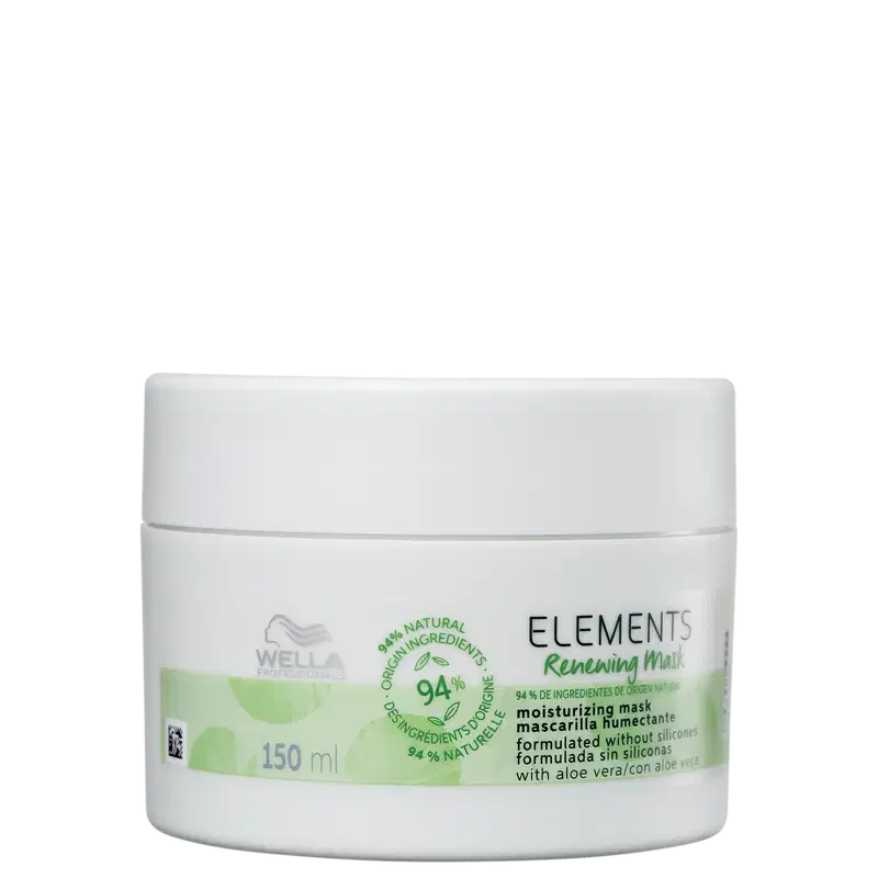 É um pote branco para uma máscara capilar da linha Elements da Wella Professionals, com 150ml. O produto é formulado com 94% de ingredientes naturais, incluindo aloe vera, e não contém silicones. As cores predominantes são branco e verde claro