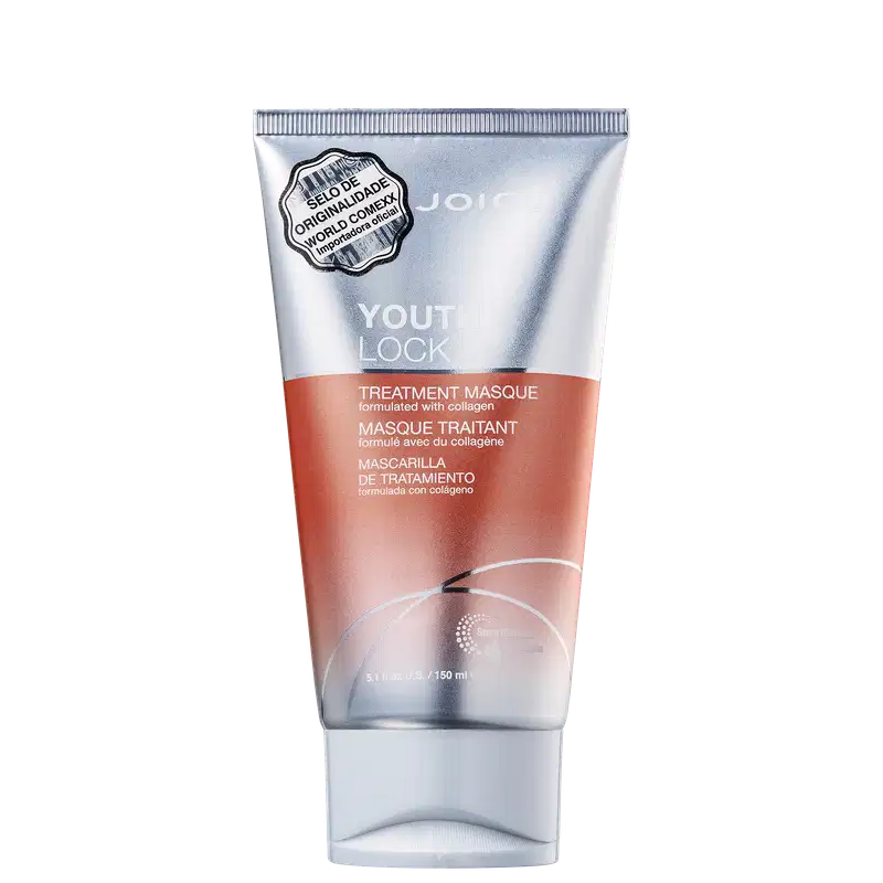 Tubo de tratamento capilar Joico Youth Lock com máscara de tratamento à base de colágeno, embalagem prateada e laranja, com rótulo destacando a originalidade do produto.