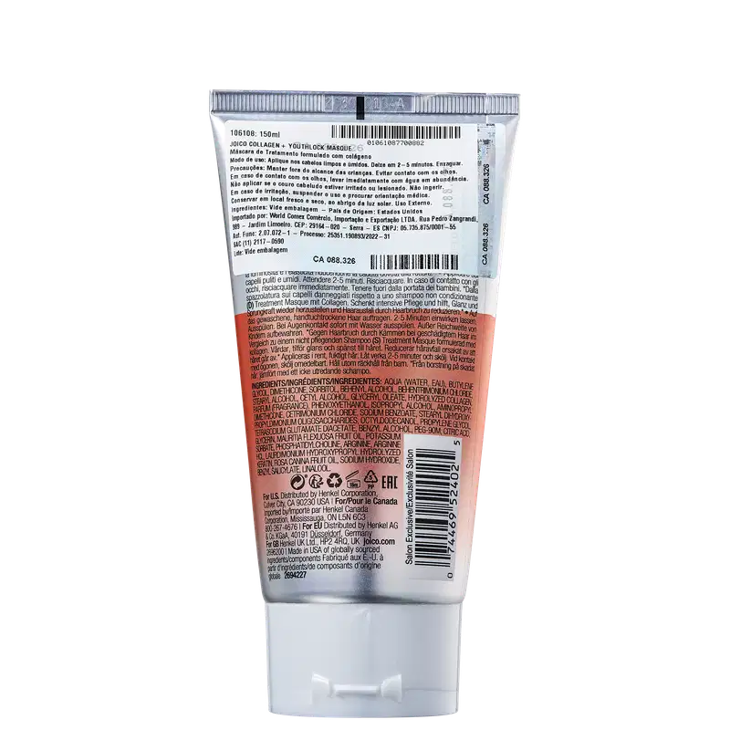 Tubo de tratamento capilar Joico Collagen + Youthlock Masque, 150ml, com embalagem prateada e rótulo detalhado com informações sobre o produto.