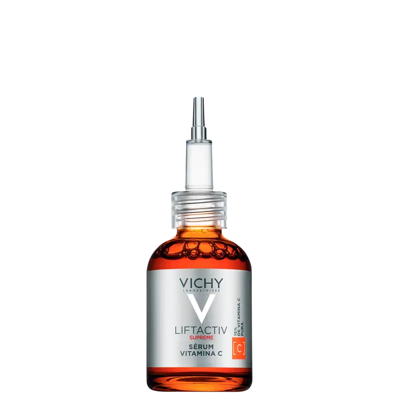 Frasco de vidro com sérum Vichy Liftactiv Supreme, contendo vitamina C, com tampa de metal e rótulo branco com logotipo da marca.