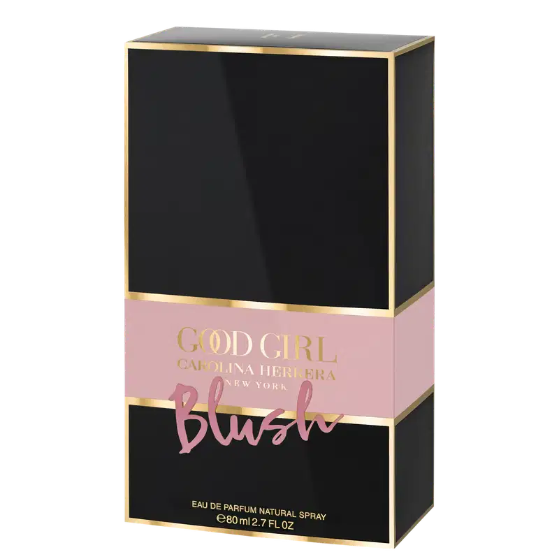 Caixa de perfume da linha "Good Girl" da Carolina Herrera, em embalagem preta e rosa com detalhes dourados, contendo 80 ml de produto.