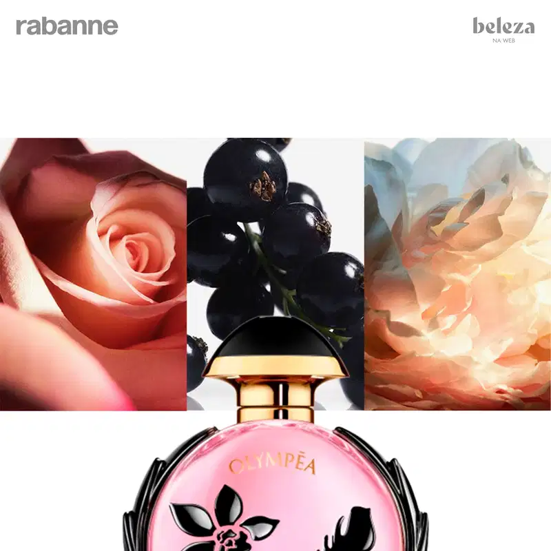 Frasco de perfume Olympea da marca Rabanne, com design elegante em tons de rosa e preto, destacando-se o logotipo dourado e a flor estilizada na embalagem.