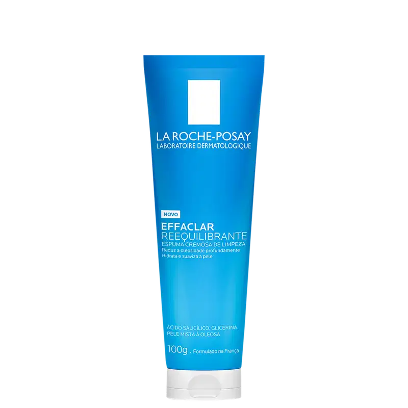 Tubo de limpeza facial da marca La Roche-Posay, com embalagem azul e branca, contendo o nome "Effaclar Reequilibrante" e informações sobre o produto, como "Espuma cremosa de limpeza" e "Reduz a oleosidade profundamente".