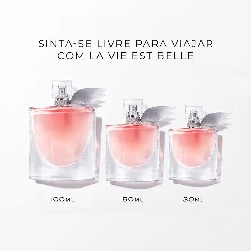 Três frascos de perfume Lancôme La Vie Est Belle, com embalagens de 100ml, 50ml e 30ml, em tons de rosa e branco, exibindo o nome do produto em destaque.