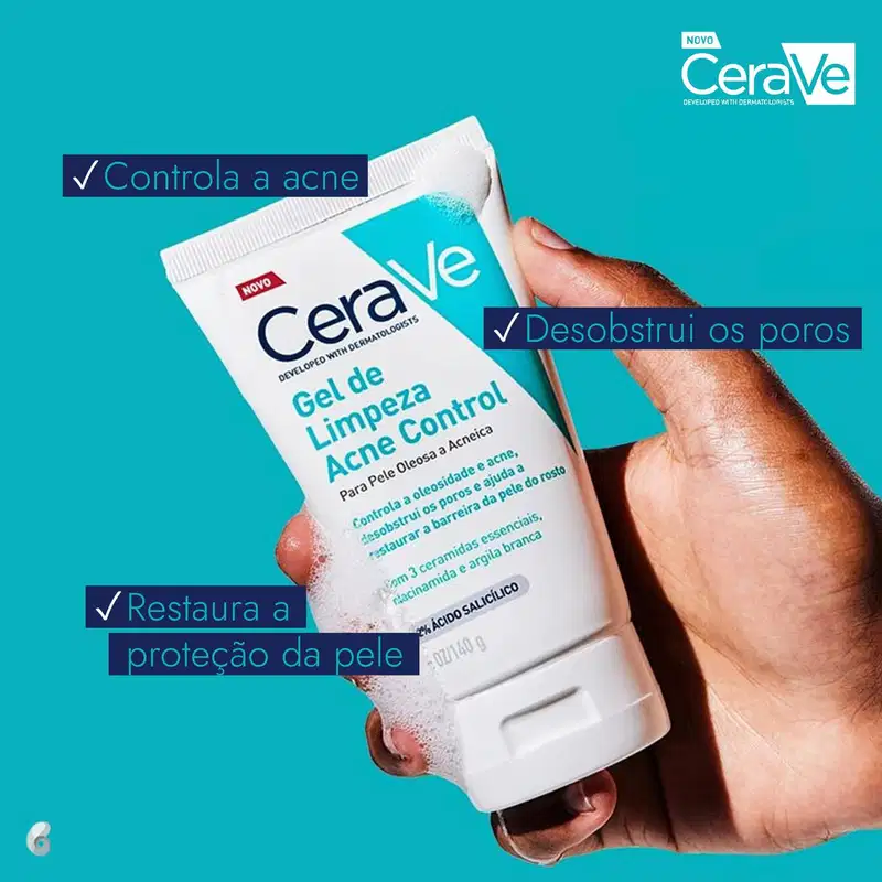 Gel de Limpeza Acne Control da marca CeraVe. O produto é desenvolvido por dermatologistas e promete controlar a acne, desobstruir os poros e restaurar a proteção da pele.