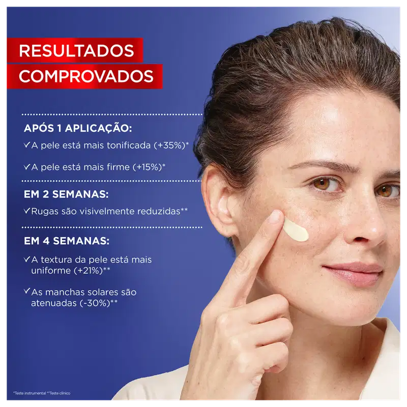 Resultados comprovados após 1 aplicação: pele mais tonificada (+35%), pele mais firme (+15%). Em 2 semanas: rugas visivelmente reduzidas. Em 4 semanas: textura da pele mais uniforme (+21%), manchas solares atenuadas (-30%).