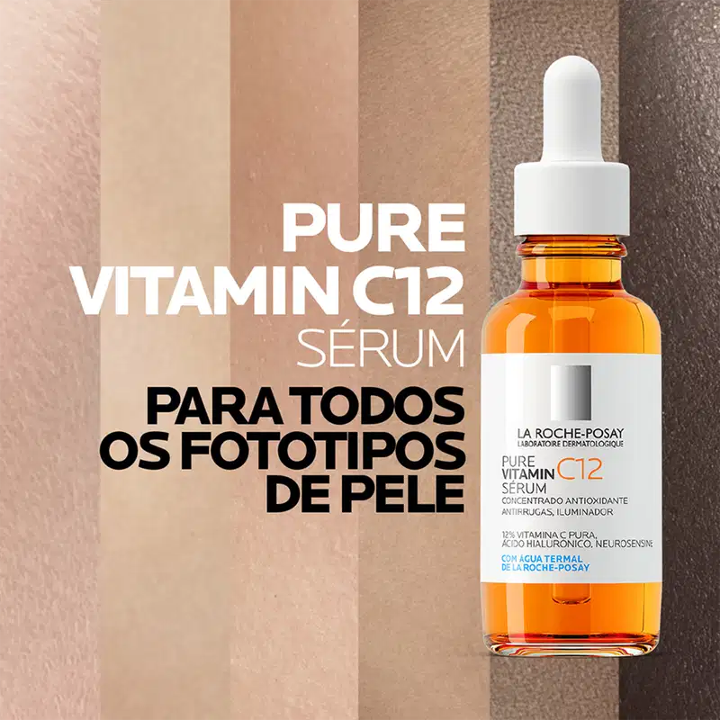 Frasco de vidro âmbar com conta-gotas branco contendo soro de vitamina C12 da marca La Roche-Posay, um produto dermatológico antioxidante e iluminador.