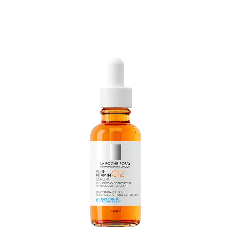Frasco de vidro âmbar com conta-gotas branco contendo soro de vitamina C12 da marca La Roche-Posay, um produto cosmético antioxidante e iluminador.