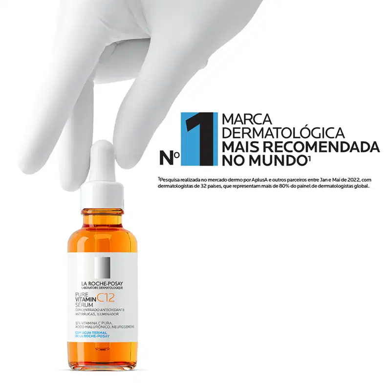 Frasco de vidro âmbar com conta-gotas branco contendo soro de vitamina C12 da marca La Roche-Posay, um produto dermatológico antioxidante e iluminador.