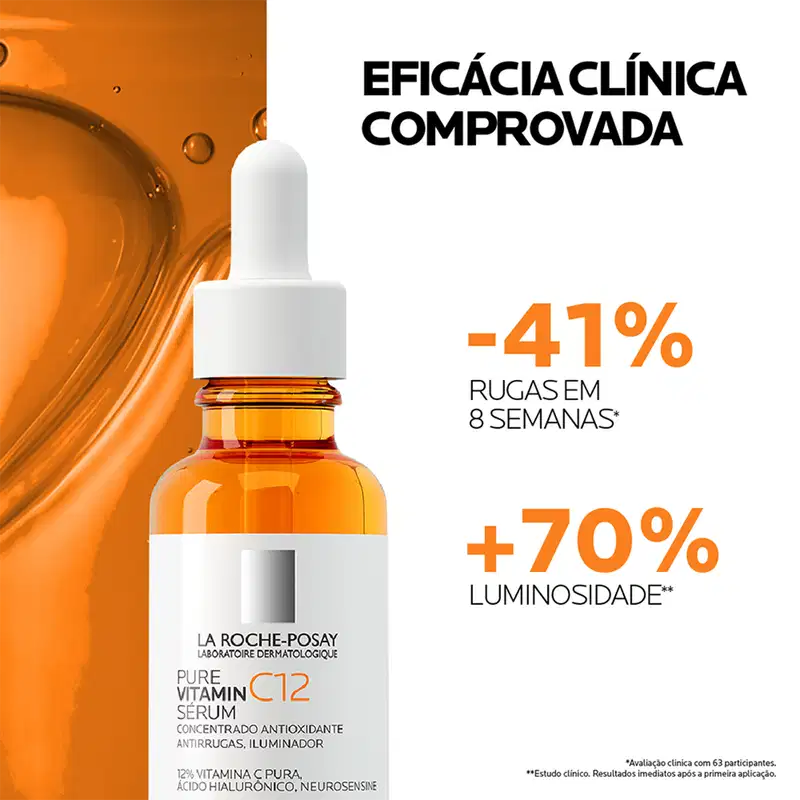 Frasco de vidro âmbar com conta-gotas branco contendo soro de vitamina C12 da marca La Roche-Posay, um produto dermatológico antioxidante e iluminador.