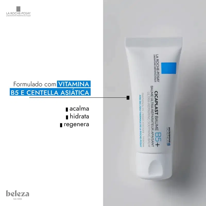 Tubo branco de 100 ml do produto de cuidados com a pele Cicaplast Baume B5+ da marca La Roche-Posay, com rótulo azul destacando seus benefícios de cuidado e restauração da barreira cutânea.