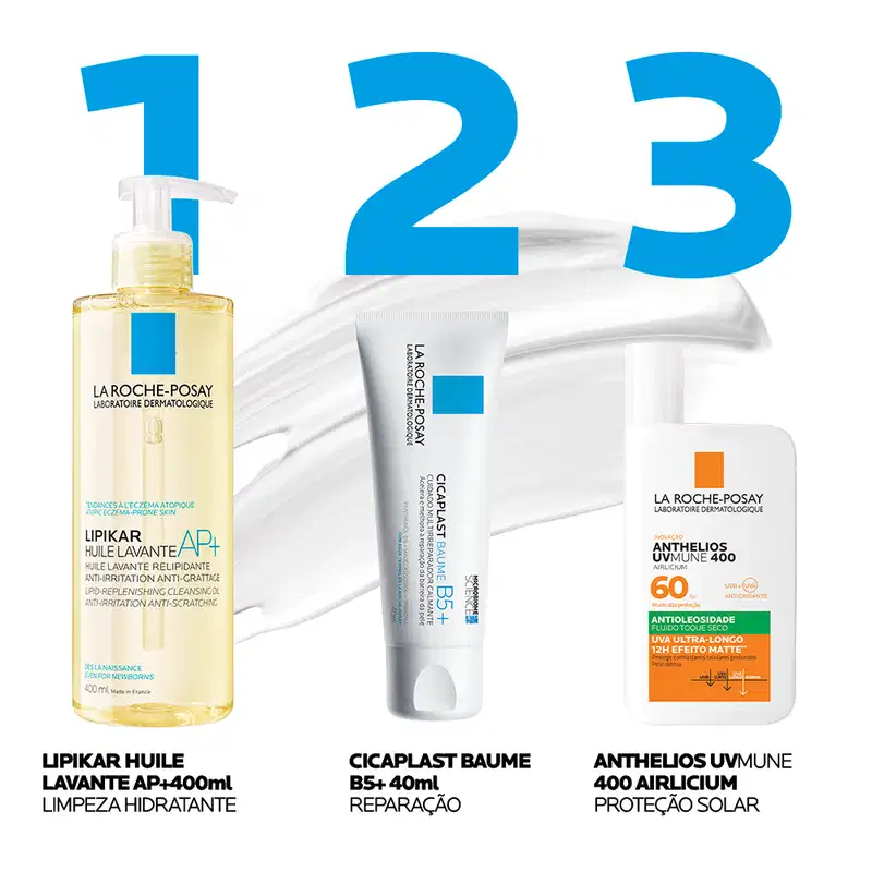 Ambiente de produtos de cuidados com a pele da marca La Roche-Posay, incluindo óleo de limpeza hidratante, bálsamo reparador e protetor solar, com cores predominantes de azul e branco.