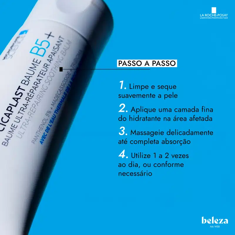 Tubo branco de 100 ml do produto de cuidados com a pele Cicaplast Baume B5+ da marca La Roche-Posay, com rótulo azul destacando seus benefícios de cuidado e restauração da barreira cutânea.