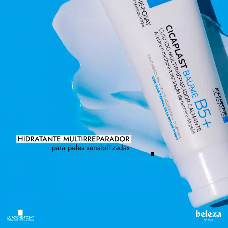 Tubo branco de 100 ml do produto de cuidados com a pele Cicaplast Baume B5+ da marca La Roche-Posay, com rótulo azul destacando seus benefícios de cuidado e restauração da barreira cutânea.