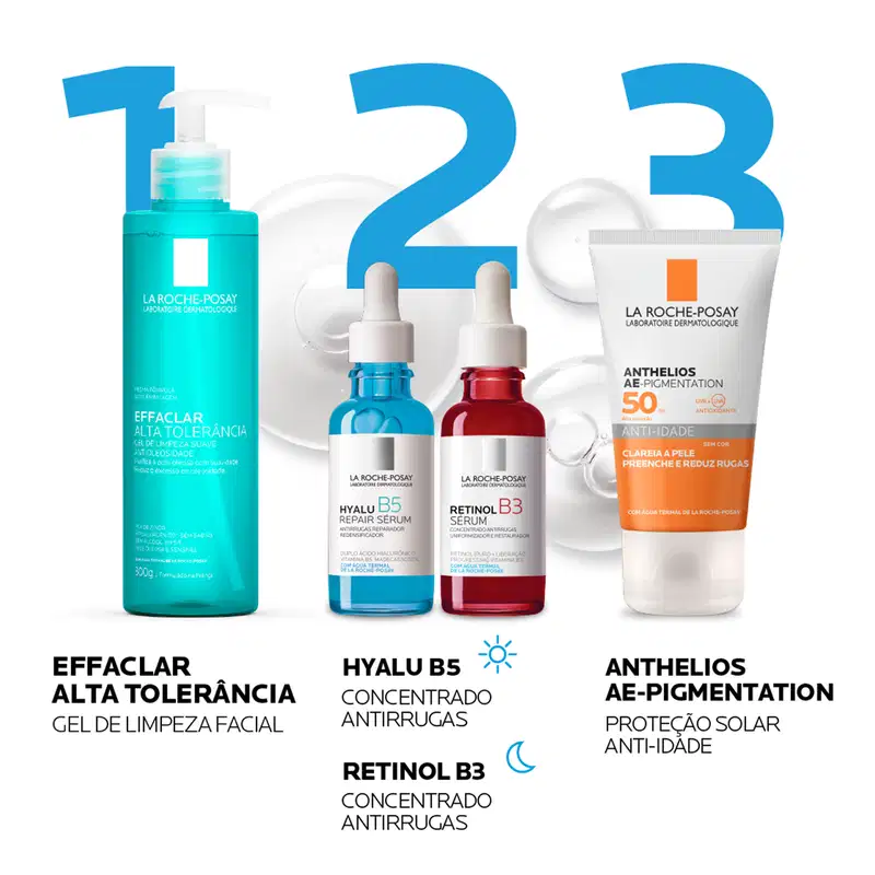 Frasco de vidro vermelho com conta-gotas branco contendo sérum de retinol B3 da marca La Roche-Posay, um produto antirrugas uniformizador e restaurador.