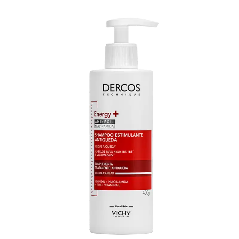 Frasco branco com bomba doseadora da marca Dercos Technique, contendo shampoo estimulante antiqueda com Aminexil, Niacinamida, AHA e Vitamina E, para reduzir a queda e aumentar o volume dos cabelos.