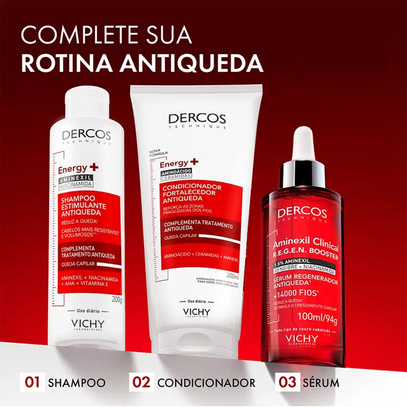 Conjunto de produtos Vichy para rotina antiqueda, incluindo shampoo estimulante, condicionador fortalecedor e sérum regenerador com aminexil, ceramidas e niacinamida.