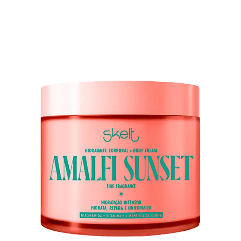Frasco de creme corporal da marca Skelt, com embalagem rosa e rótulo verde destacando o nome "Amalfi Sunset" e informações sobre o produto.