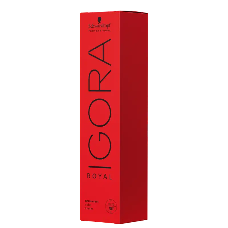 Coloração de cabelo da marca Schwarzkopf Professional, na cor vermelha, com o nome "Igora Royal" impresso em preto. O produto é descrito como uma tintura de cabelo permanente.