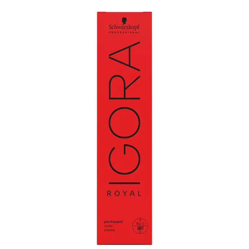 Coloração de cabelo da marca Schwarzkopf Professional, na cor vermelho, com o nome "Igora Royal" impresso em preto. O produto é descrito como uma tintura de cabelo permanente.