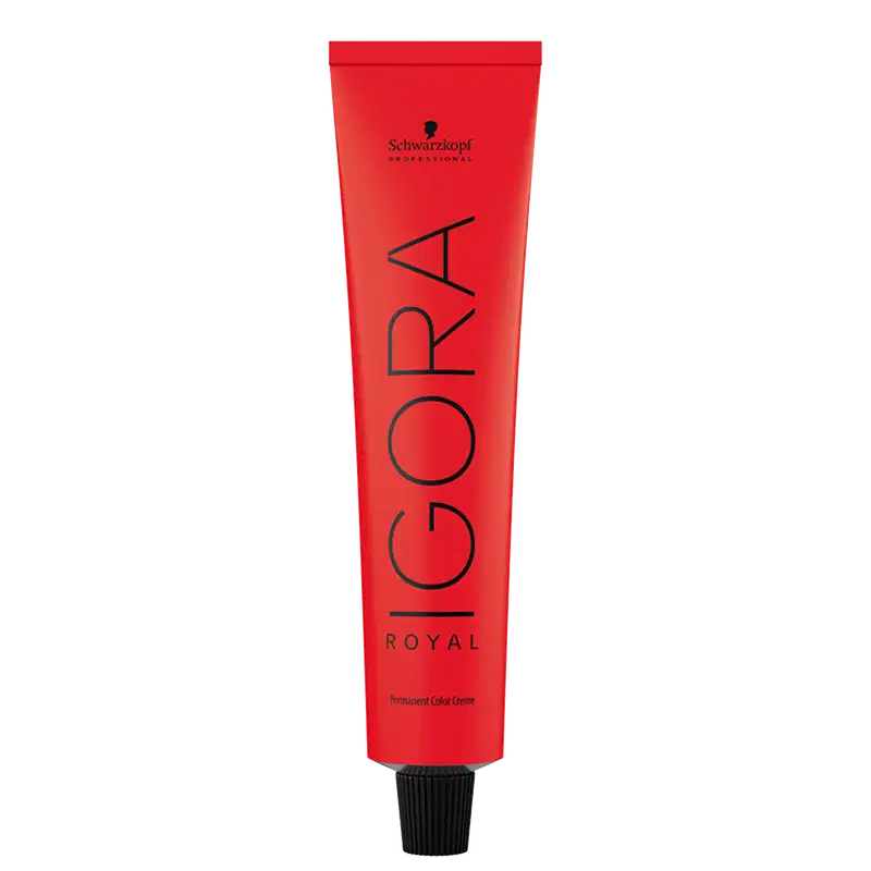 Coloração de cabelo da marca Schwarzkopf Professional, na cor vermelho, com o nome "Igora Royal" impresso em preto. O produto é descrito como uma tintura de cabelo permanente.