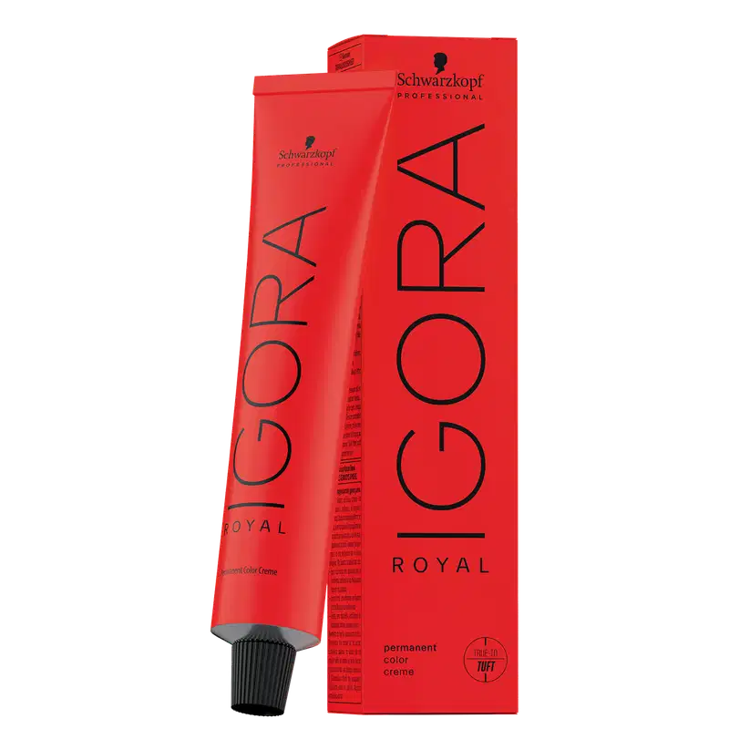 Coloração de cabelo da marca Schwarzkopf Professional, na cor vermelha, com o nome "Igora Royal" impresso em preto. O produto é descrito como uma tintura de cabelo permanente.