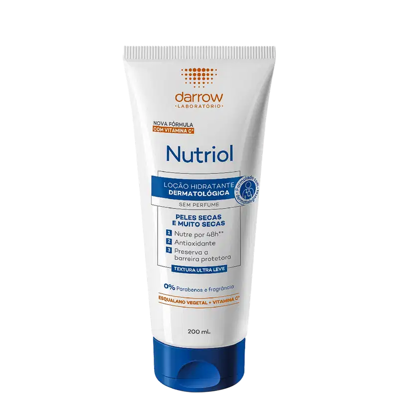 Embalagem plástica branca e azul de 200ml. Rótulo com texto descrevendo os benefícios para peles secas e muito secas, como nutrição por 48 horas, ação antioxidante e preservação da barreira protetora.