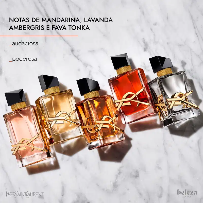 Cinco frascos de item de perfumaria com notas de mandarina, lavanda, ambergris e fava tonka, embalagens com detalhes dourados da marca Yves Saint Laurent.