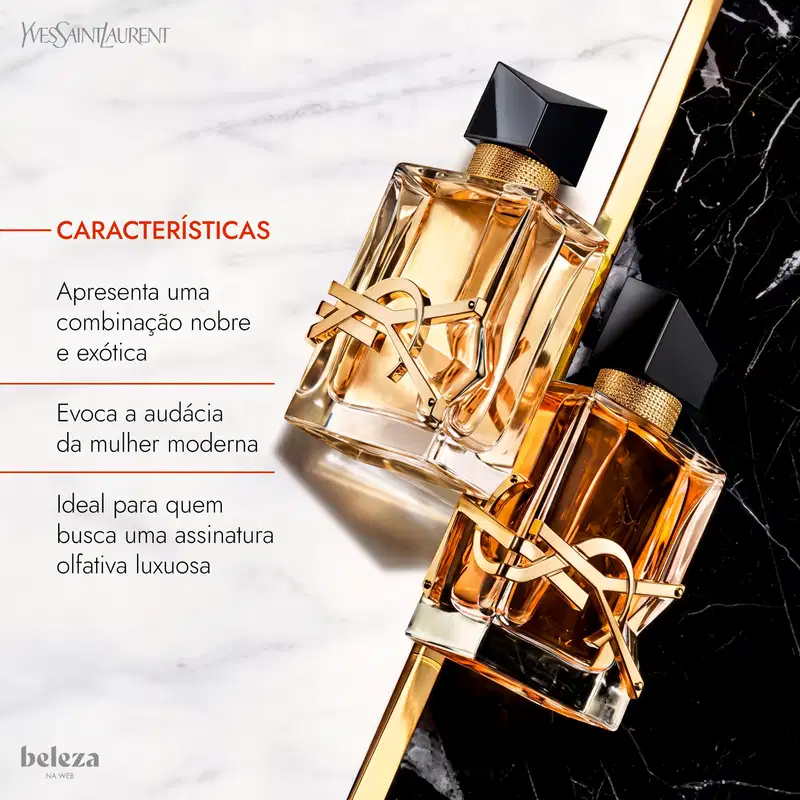 Frasco de item de perfumaria da marca Yves Saint Laurent com combinação nobre e exótica, evocando a audácia da mulher moderna, ideal para quem busca uma assinatura olfativa luxuosa.