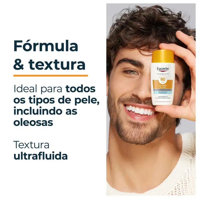 Embalagem de item de perfumaria da marca Eucerin com textura ultrafluida, SPF 60, ideal para todos os tipos de pele, incluindo oleosas, conforme texto visível na imagem.