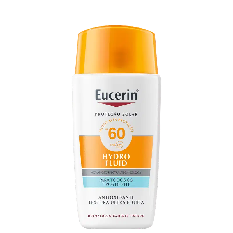 Frasco branco e laranja da marca Eucerin contendo protetor solar com FPS 60, com texto "Proteção Solar" e "Hydro Fluid" em destaque.