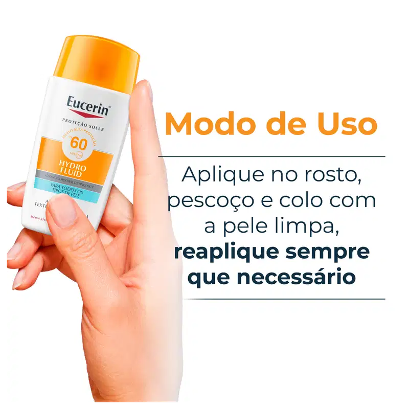 Embalagem de item de perfumaria da marca Eucerin com proteção solar FPS 60, com texto "Modo de Uso: Aplique no rosto, pescoço e colo com a pele limpa, reaplique sempre que necessário".