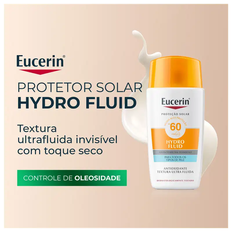 Frasco branco com tampa laranja da marca Eucerin, contendo protetor solar hidratante com FPS 60 e textura ultrafluida, para todos os tipos de pele.