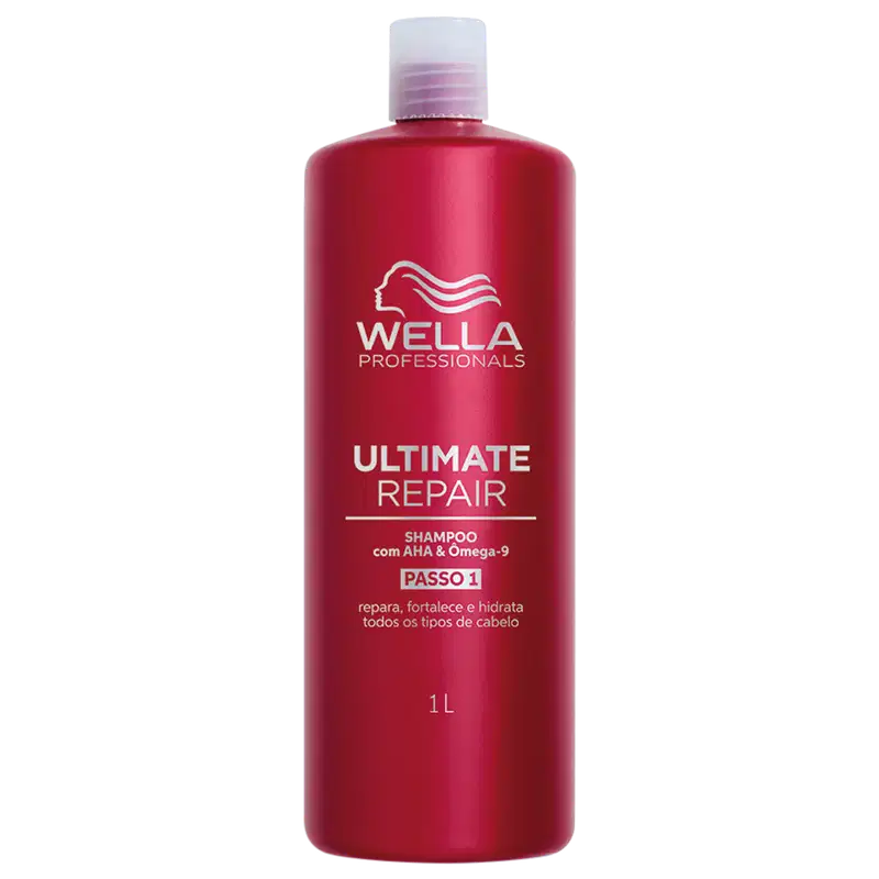 Shampoo Ultimate Repair da linha Wella Professionals. Embalagem vermelha com capacidade de 1 litro. Texto Ultimate Repair, informações sobre o produto e logotipo da marca Wella em branco.
