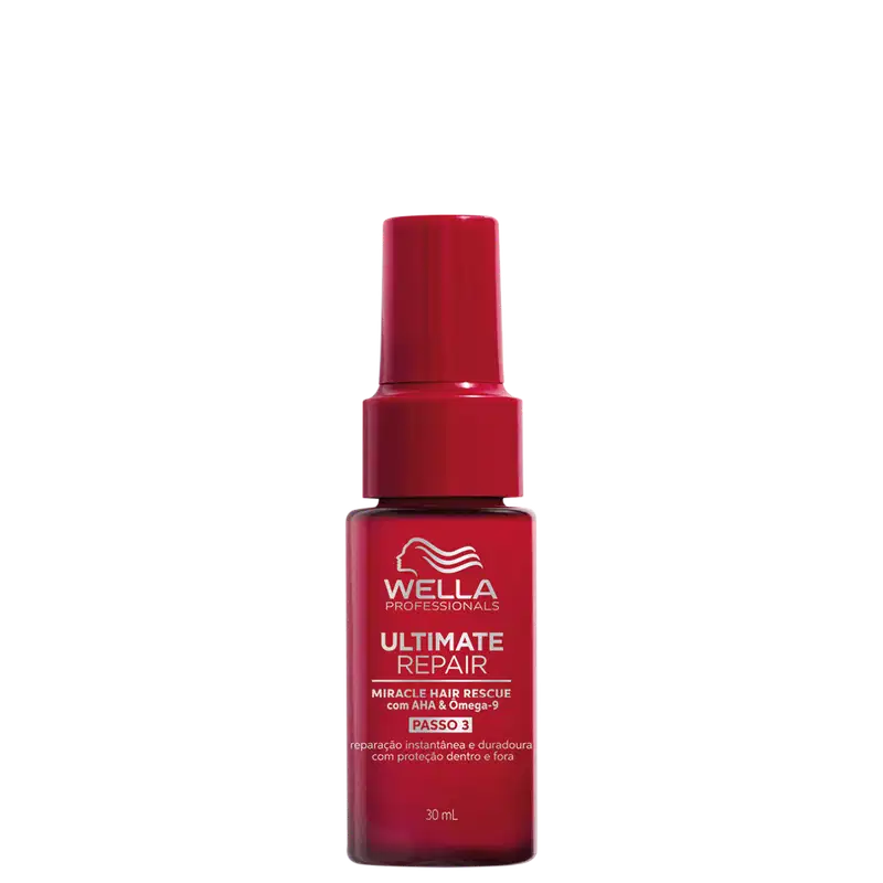 Produto da linha Ultimate Repair da marca Wella Professionals. Frasco plástico vermelho brilhante com formato cilíndrico. Rótulo indicando "Miracle Hair Rescue com AHA & Omega-9", passo 3 de "reparação instantânea e duradora com proteção dentro e fora".