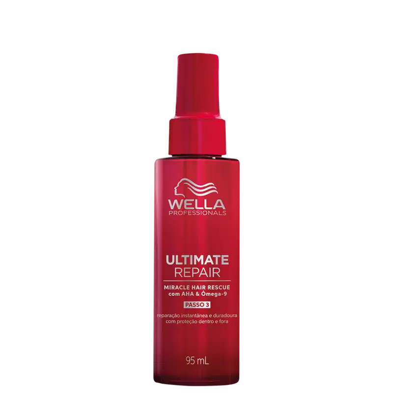 Produto da linha Ultimate Repair da Wella Professionals. Frasco plástico vermelho brilhante com formato cilíndrico e tampa da mesma cor. Rótulo com o logotipo da Wella, nome do produto "Ultimate Repair Miracle Hair Rescue" e descrição "com AHA & Omega-9".