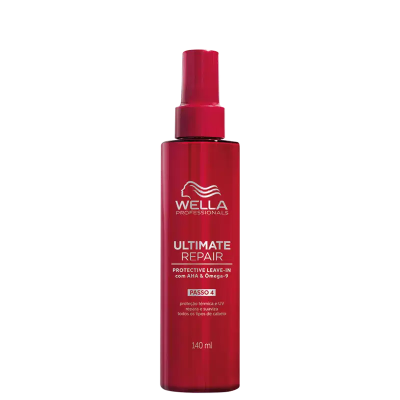 É um produto de tratamento capilar com embalagem em um frasco plástico vermelho brilhante com a tampa da mesma cor. Na frente do frasco, está impresso o logotipo da marca em branco, bem como o nome do produto e informações adicionais e 140 ml.