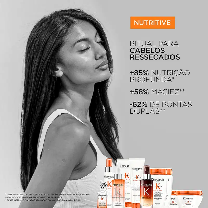 A imagem apresenta uma mulher com cabelos longos e escuros, em um ambiente de cuidados capilares, com a marca Kérastase destacada.