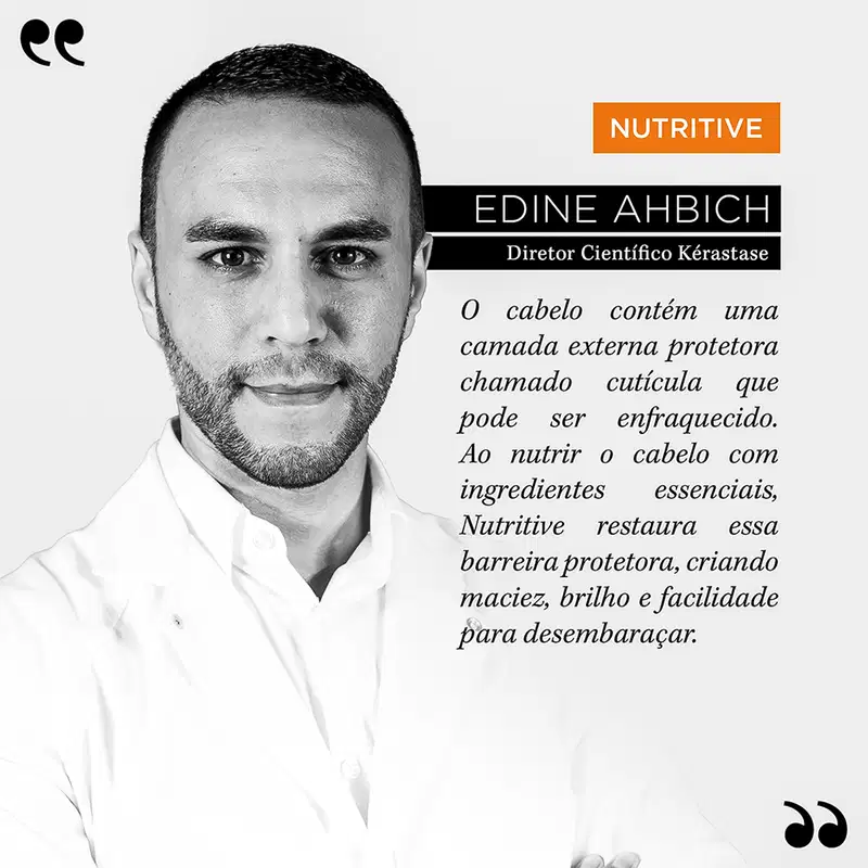 A imagem apresenta um homem com aparência profissional, vestido com jaleco branco, em um ambiente relacionado à marca de produtos capilares Kérastase.