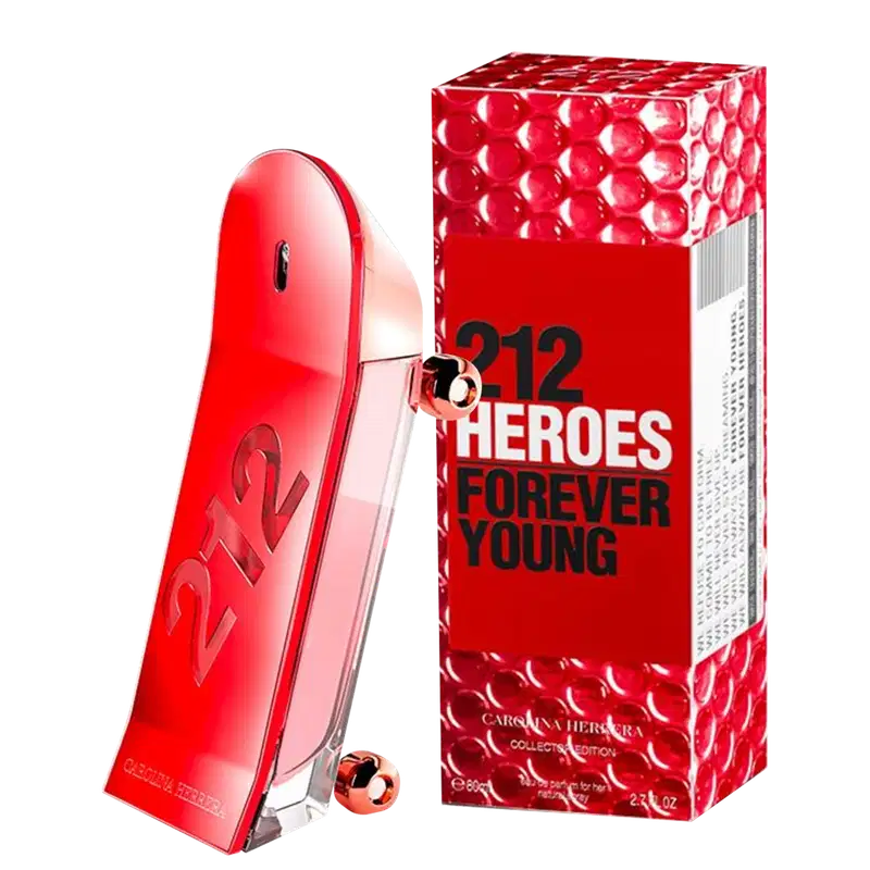 Frasco de perfume vermelho com design em formato de skate, embalado em caixa vermelha com texto "212 Heroes Forever Young". Produto da marca Carolina Herrera