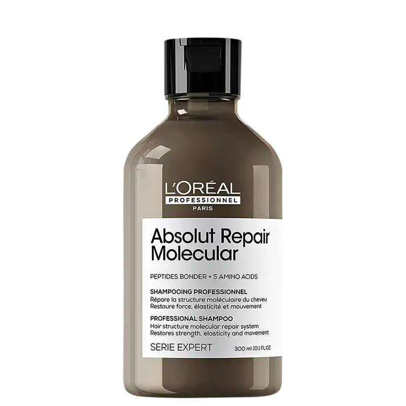 Shampoo da marca L'Oréal Professionnel Paris, com rótulo "Absolut Repair Molecular" e informações sobre o produto, incluindo "Peptides Bonder + 5 Amino Acids" e "Professional Shampoo".