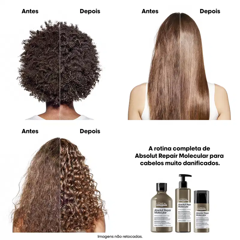 A rotina completa de Absolut Repair Molecular da L'Oréal Professionnel para cabelos muito danificados, com frascos em tons neutros e rótulos com o nome do produto.