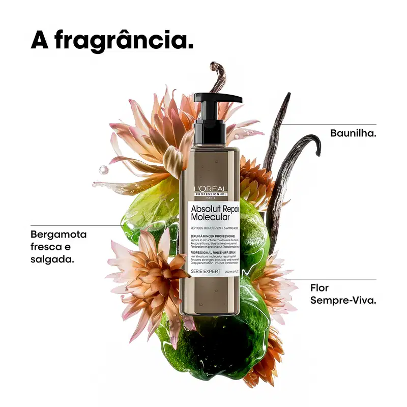 Frasco de sérum de cabelo L'Oréal Professionnel Absolut Repair Molecular, com bomba doseadora preta. Rótulo branco e cinza com informações sobre o produto, que promete reparação molecular do cabelo.