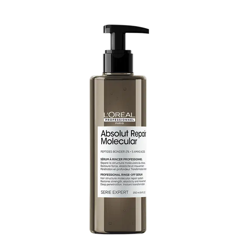 Frasco de sérum de cabelo L'Oréal Professionnel Absolut Repair Molecular, com bomba doseadora preta. Rótulo branco e cinza com informações sobre o produto, que promete reparação molecular do cabelo.