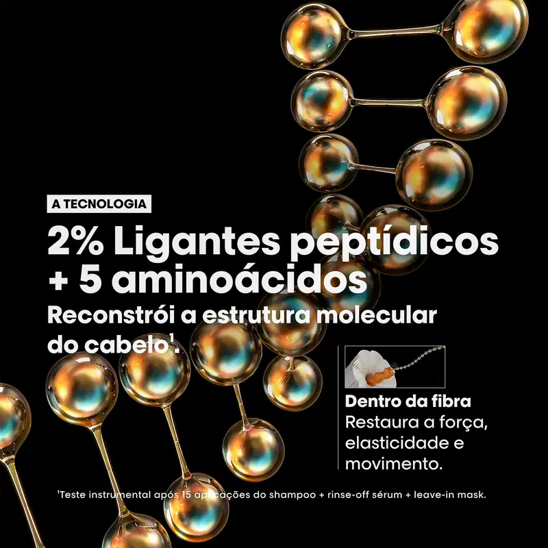 Produto de beleza da L'Oréal Professionnel com fórmula de 2% de ligantes peptídicos e 5 aminoácidos. Promete reconstruir a estrutura molecular do cabelo.