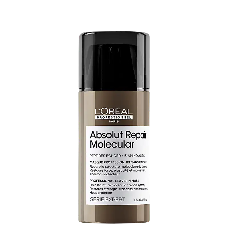 Frasco preto e bege da linha Absolut Repair Molecular da L'Oréal Professionnel, um tratamento capilar profissional que restaura a força, elasticidade e movimento dos cabelos.