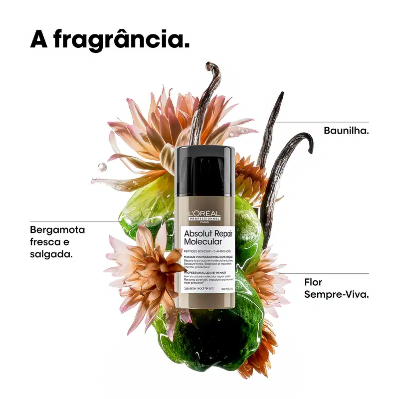 Ambiente de beleza profissional com flores coloridas, folhas verdes e frasco de tratamento capilar da L'Oréal Professionnel, destacando os ingredientes e benefícios do produto.