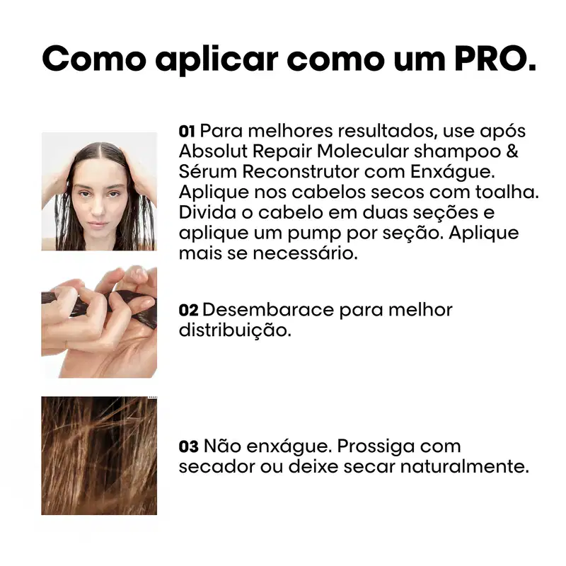 Instruções sobre como aplicar um produto. As imagens mostram diferentes etapas do processo, como a aplicação do shampoo e sérum, a divisão do cabelo em seções e a distribuição do produto. O texto destaca a importância de seguir corretamente as instruções.
